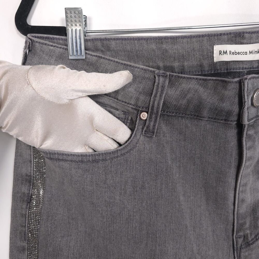 RM REBECCA MINKOF NWOT Gray Stretch Flare Bootcut Jeans Side Stripe Metallic 12 - Picture 13 of 13
